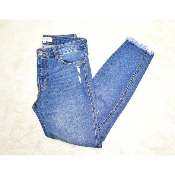 Harper Heritage Mid Rise Destructed Skinny Jeans Raw Hem Size 28 Medium Wash - Picture 3 of 14